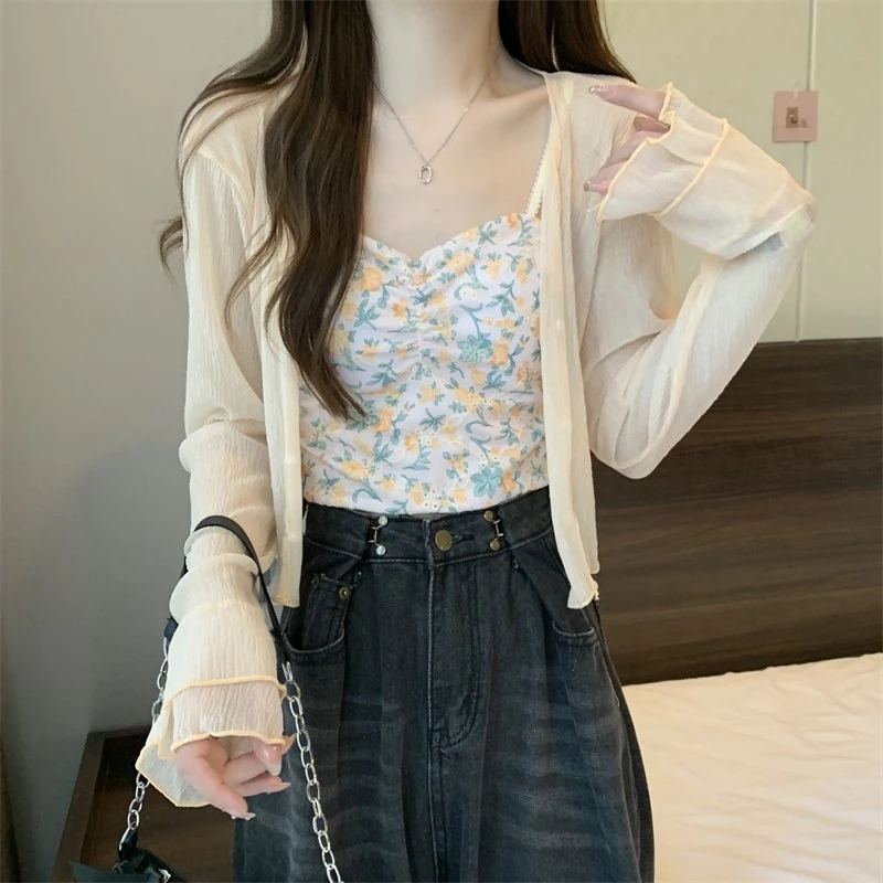 夏季白色雪纺开衫外套女薄款吊带连衣裙外搭防晒雪纺空调长袖上衣