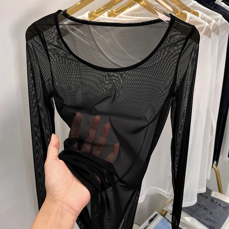 黑色网纱打底衫女长袖透明薄纱内搭纱衣超薄透视蕾丝上衣高级