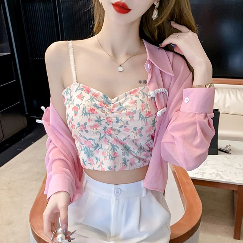 泰式雪纺碎花小吊带背心女内搭夏季外穿+新中式流苏盘扣防晒衬衫