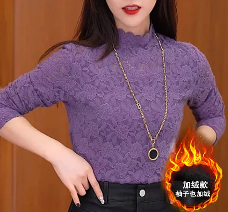 加绒加厚半高领蕾丝打底衫洋气上衣修身气质显瘦内搭新款显瘦减龄