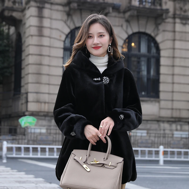 中长款黑色新款女装秋冬外套中老仿百搭宽松时尚连帽大码上衣加厚