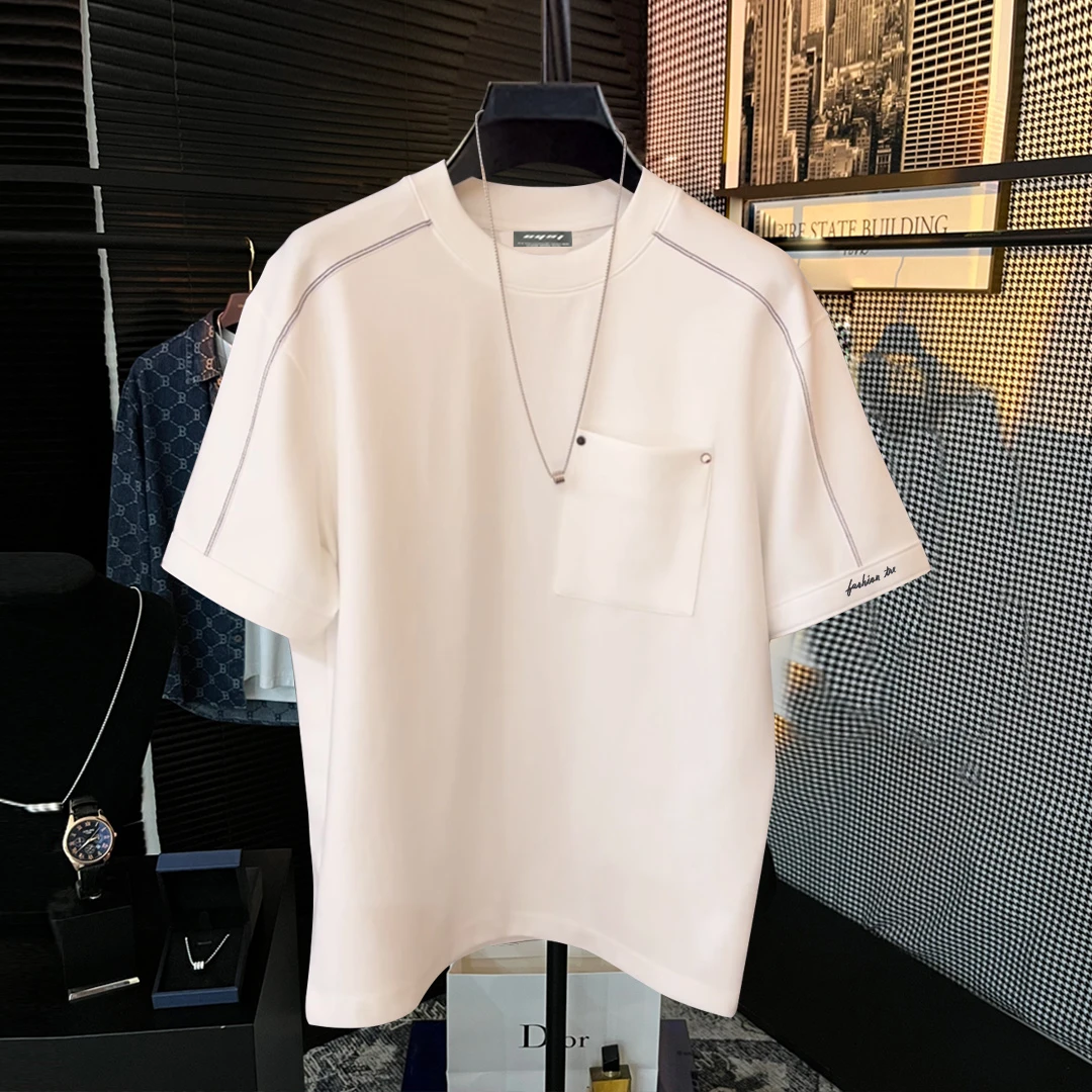 轻奢夏季个性原创圆领短袖ins潮流休闲百搭拼接透气T恤男宽松上衣