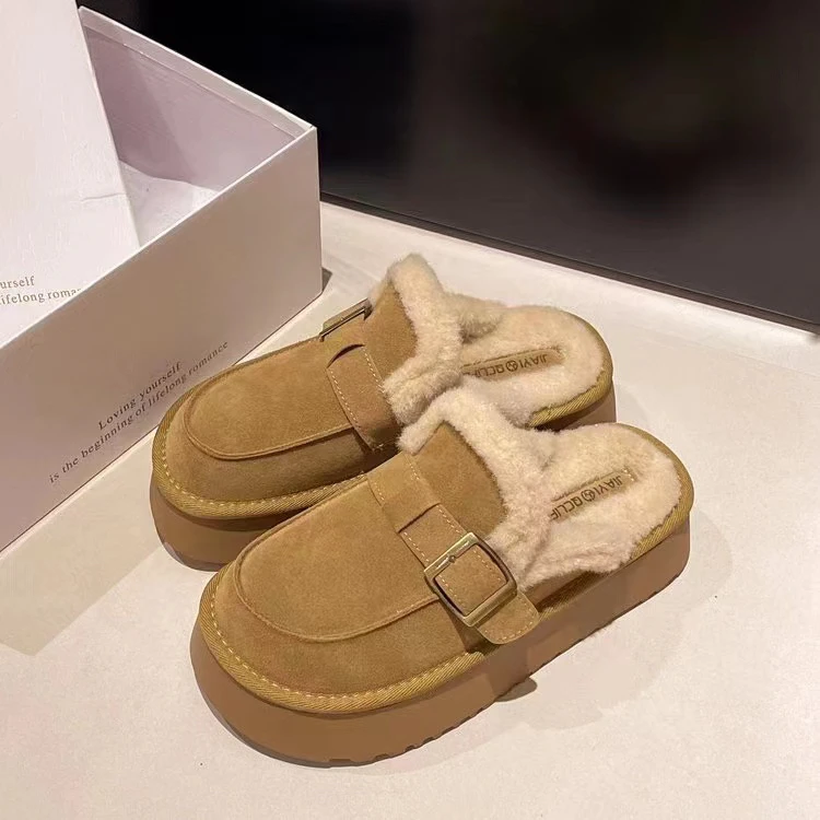 厚底毛毛拖鞋女外穿加绒保暖时尚防滑包头半拖鞋#H88