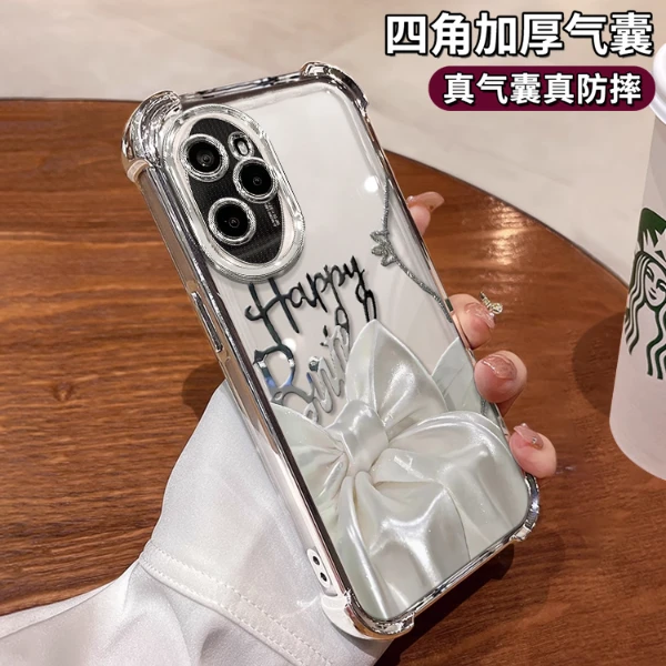 适用荣耀100pro丝绒蝴蝶结女款网红高级感保护套电镀防摔壳