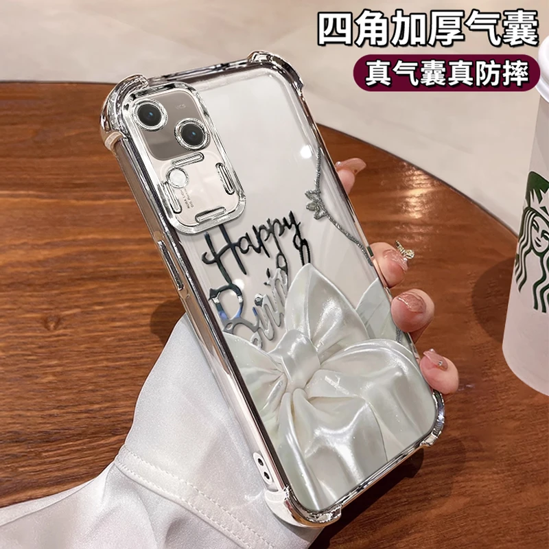 适用VIVOS18pro丝绒蝴蝶结女款网红高级感保护套电镀防摔壳