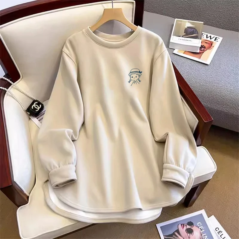 搭配鲨鱼裤的上衣加绒加厚中长款打底衫女秋冬遮屁股内搭长袖t恤