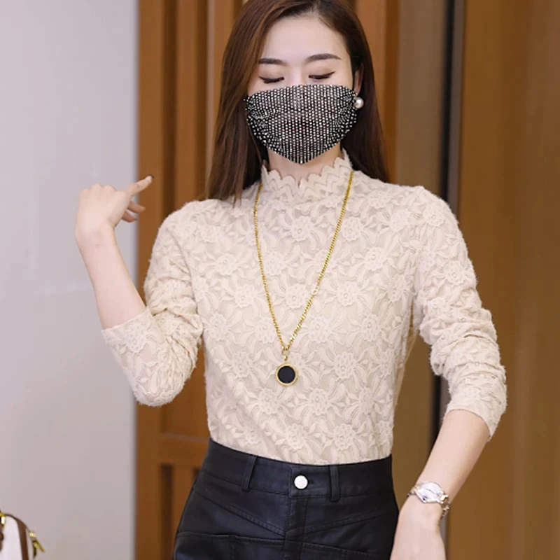 秋冬时尚蕾丝半高领打底衫女秋装时髦洋气外出上档次百搭上衣