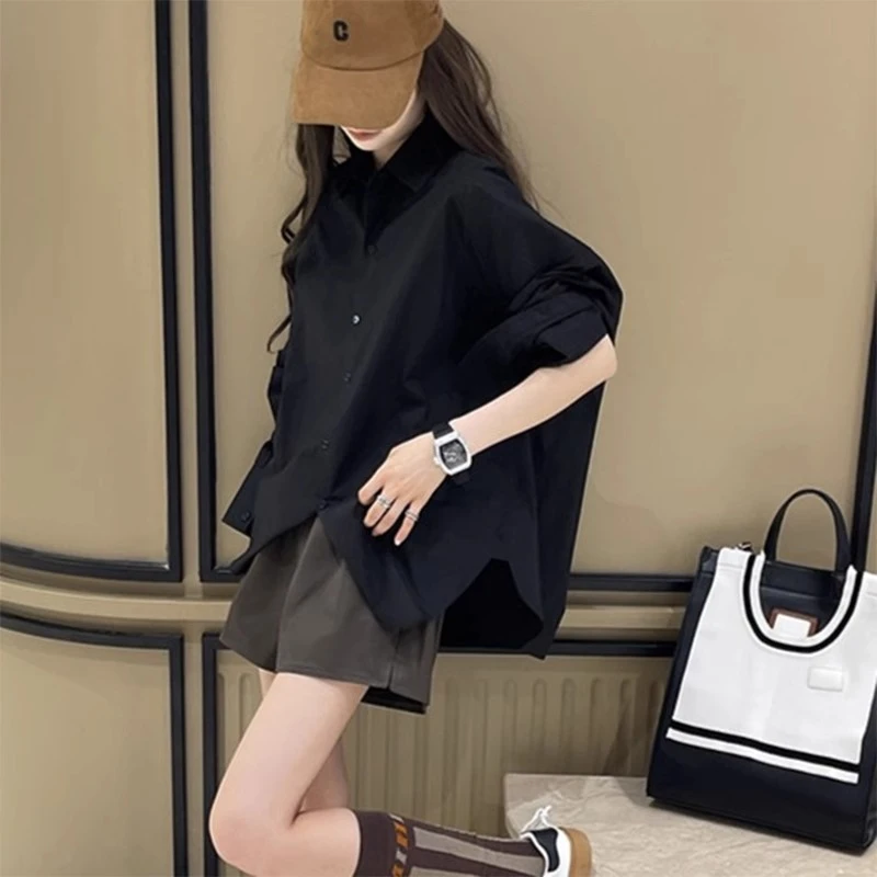 黑色长袖衬衫女2025夏季新款复古港风宽松叠穿外搭小个子衬衣上衣