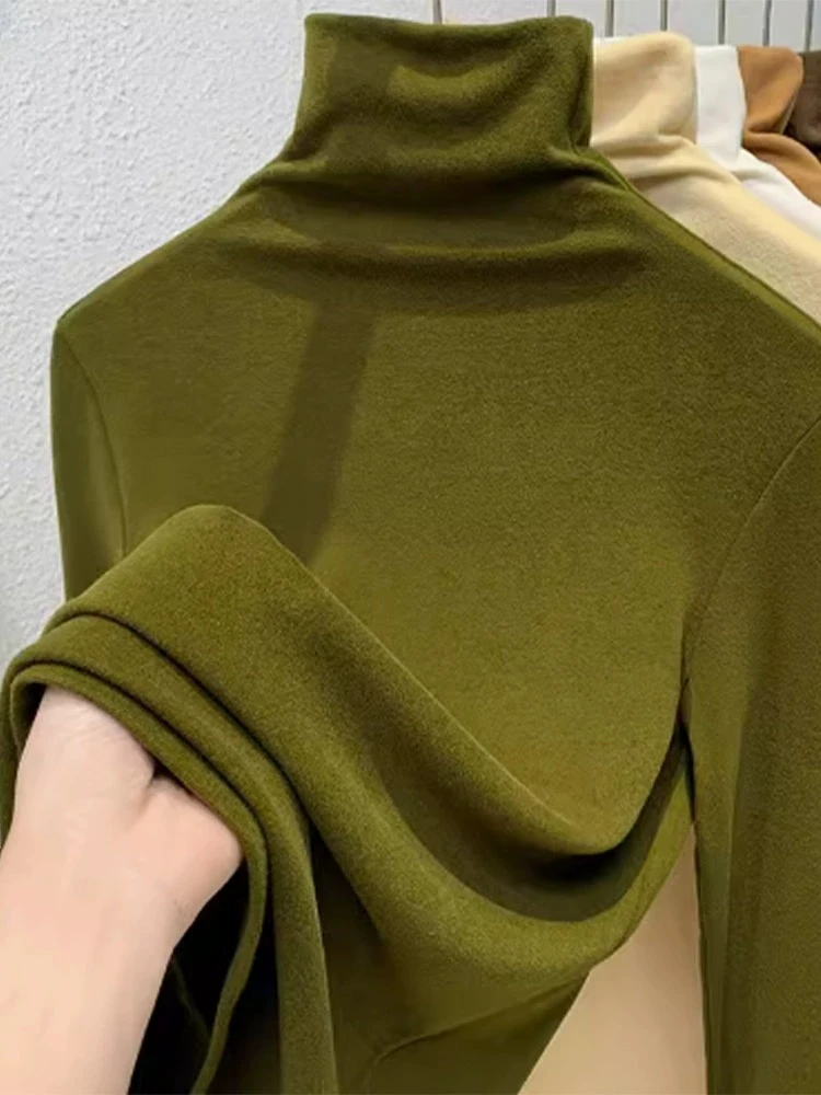 双面德绒打底衫女2024秋冬款高领磨毛加厚大码t恤堆堆领内搭上衣