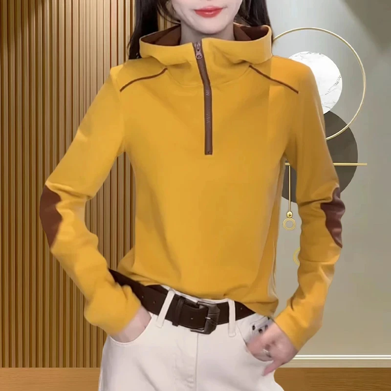 洋气减龄拼色连帽打底衫女2025秋冬时尚半拉链长袖气质显瘦女上衣