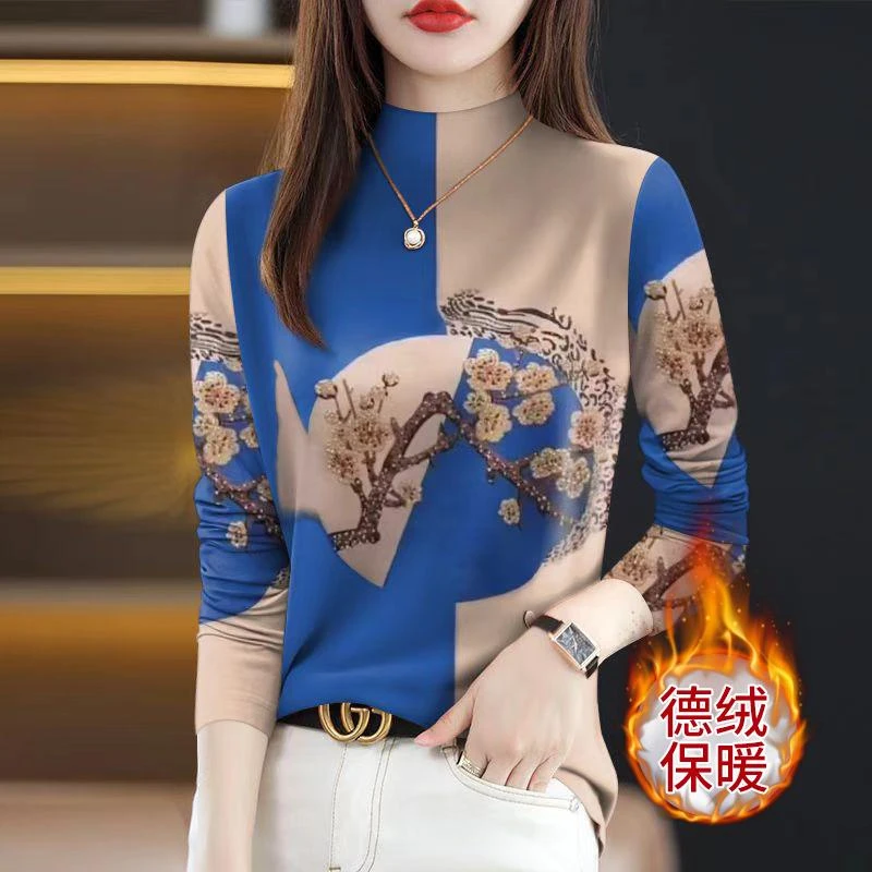 秋冬爆款双面德绒妈妈保暖印花T恤半高领洋气内搭韩版女士打底衫