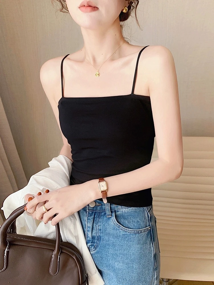 黑色一字领细小吊带背心女春2025新款带胸垫美背内搭打底抹胸上衣
