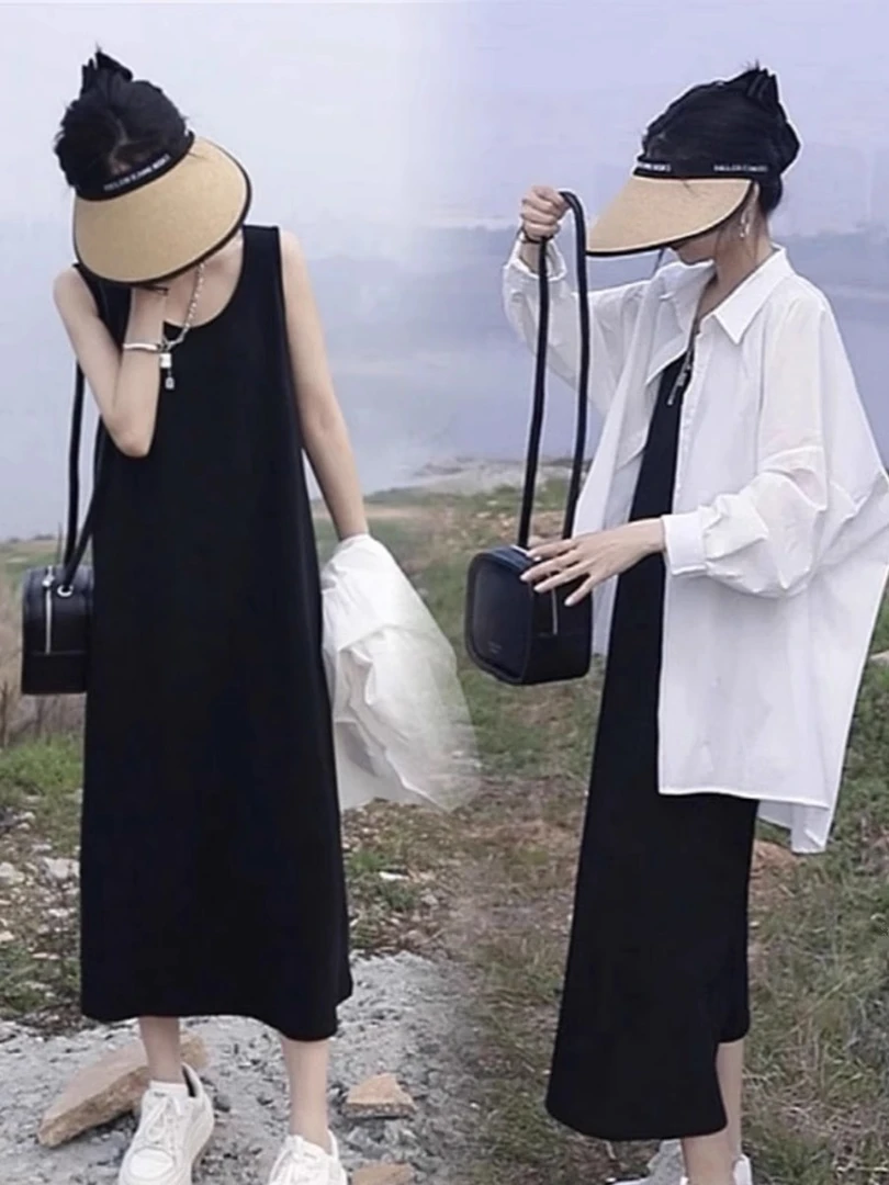 中长款吊带背心裙女2025夏季新款度假防晒衬衫搭配黑色过膝连衣裙