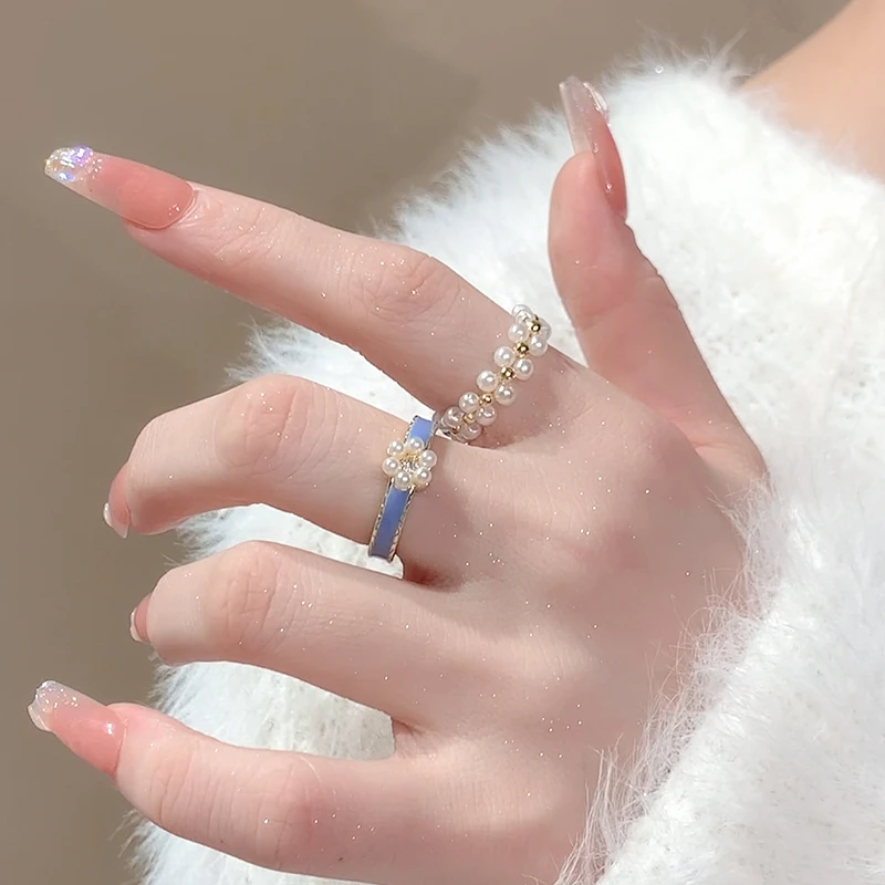 合金仿珠珠戒指 ins潮蓝色滴胶珠珠戒指女小众设