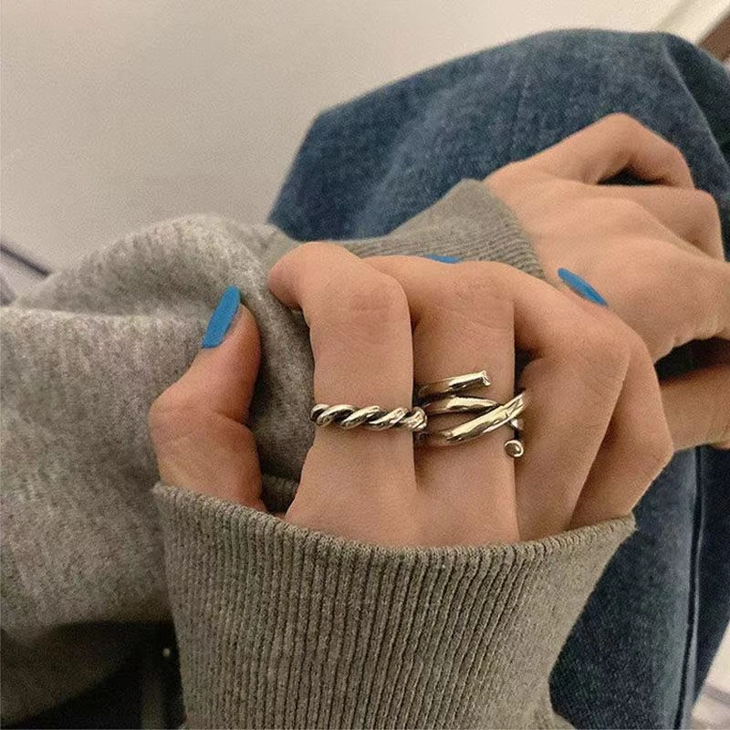 法式复古做旧麻花金属交错冷淡风戒指女韩国百