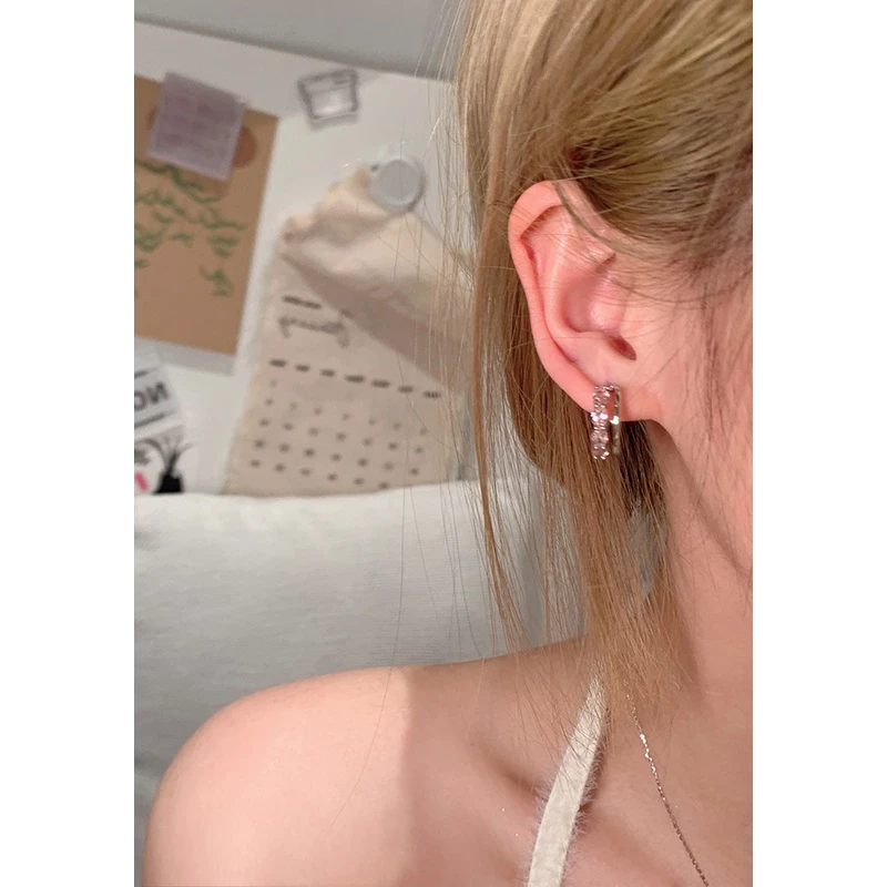 甜酷双层粉色锆石耳圈女小众设计感高级耳饰甜美可爱