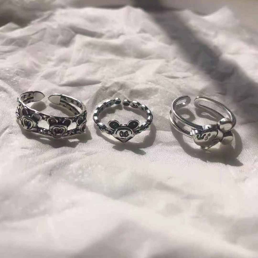 韩国ins复古做旧米奇米老鼠开口戒指卡通组合戒