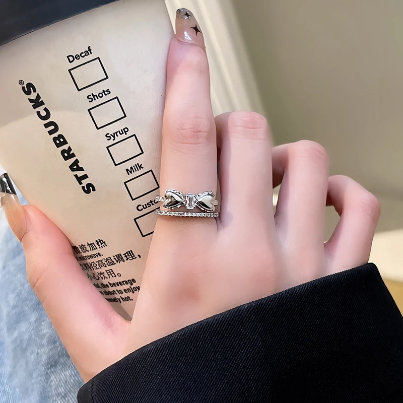 合金戒指 ins潮双层蝴蝶结戒指女小众设计高级感镶钻食指开口可调