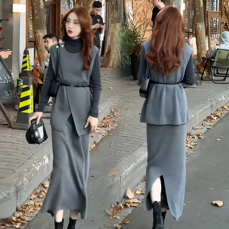 秋季新款高级感法式气质套装裙女洋气马甲高领打底衫半身裙三件套