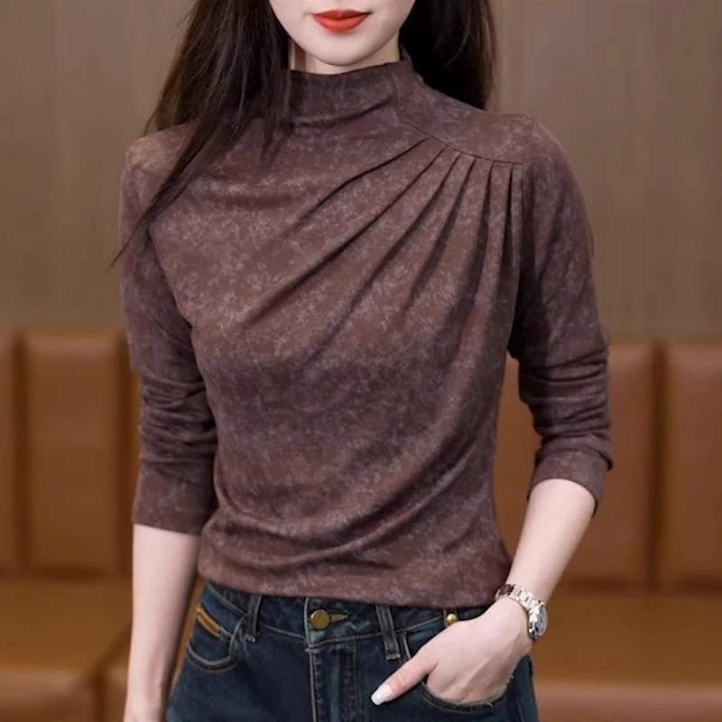 半高领加绒加厚打底衫长袖女秋冬大码内搭显瘦小衫不规则别致上衣