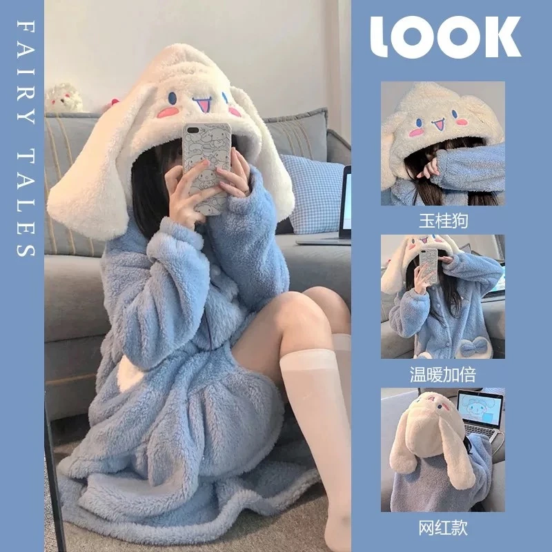 珊瑚绒睡衣冬季女秋冬长款玉桂狗大眼仔睡袍2024新款冬天加绒加厚