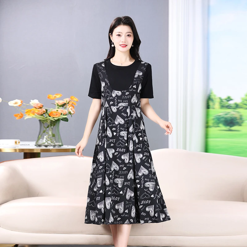 拼接假两件连衣裙女2024夏季新款时尚短袖收腰显瘦爱心印花A字裙