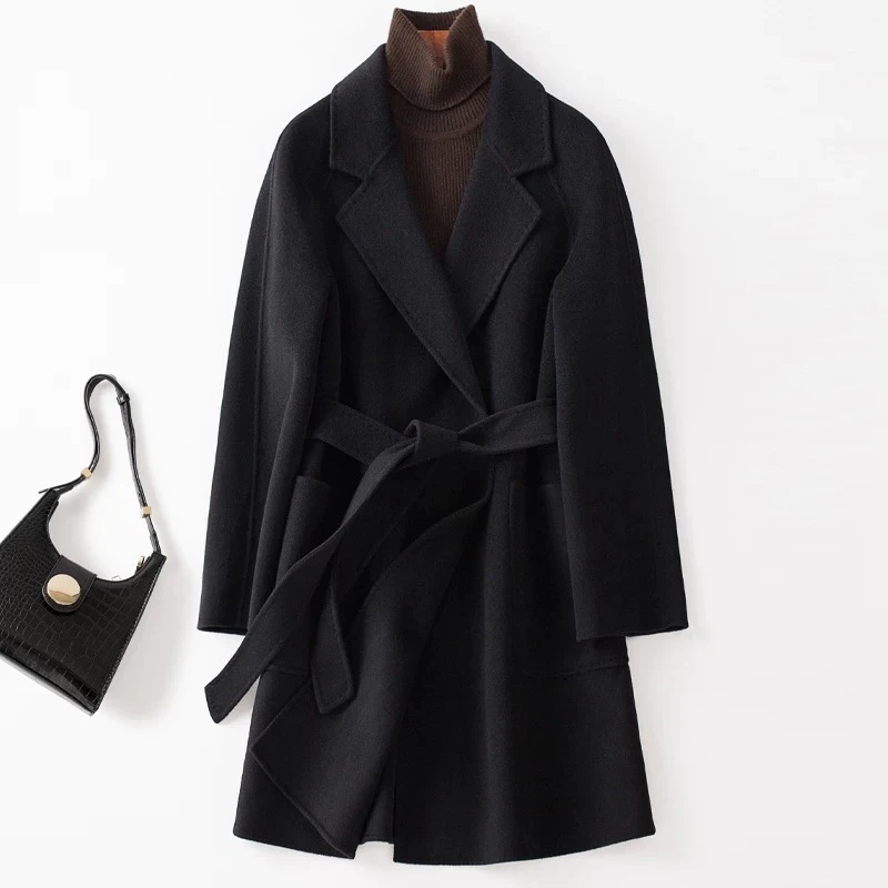 双面绵羊毛大衣女小个子秋冬女装2024新款时尚中长款黑色外套