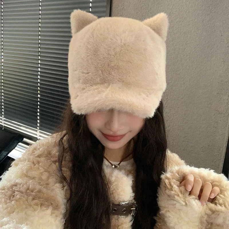 动物耳朵帽子骑士帽秋冬新款仿貂毛女时尚猫耳朵毛绒鸭舌帽棒球帽