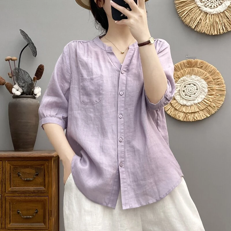 100细苎麻中袖衬衫女夏季新款宽松显瘦透气V领薄款五分袖衬衣上衣