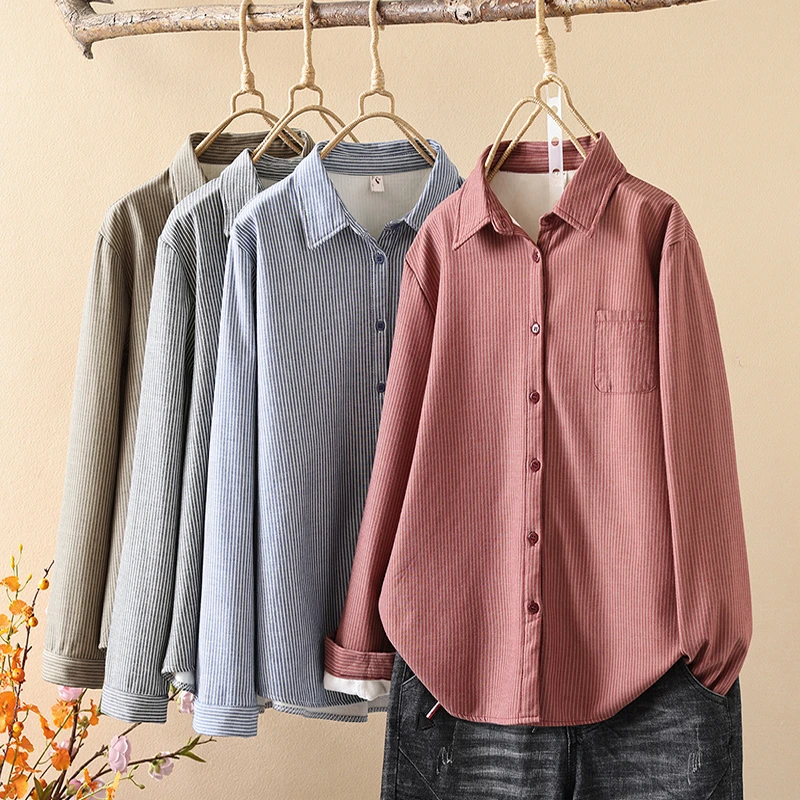 加厚加绒条纹磨毛衬衫女秋冬新款宽松显瘦一体绒保暖纯棉长袖衬衣
