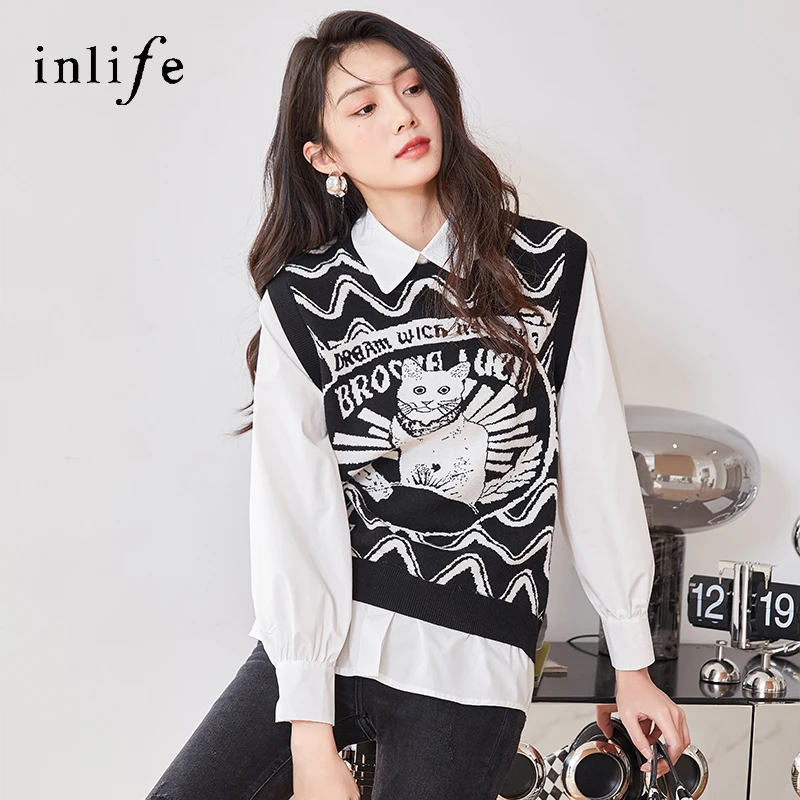 inlife拼接假两件衬衫女长袖别致上衣设计感衬衣外穿TOC-22C1C617