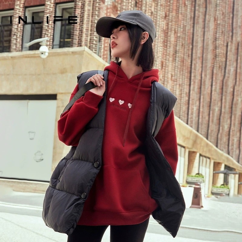 inlife美式慵懒风加厚连帽卫衣女新款宽松休闲长袖上衣M23D3H7118