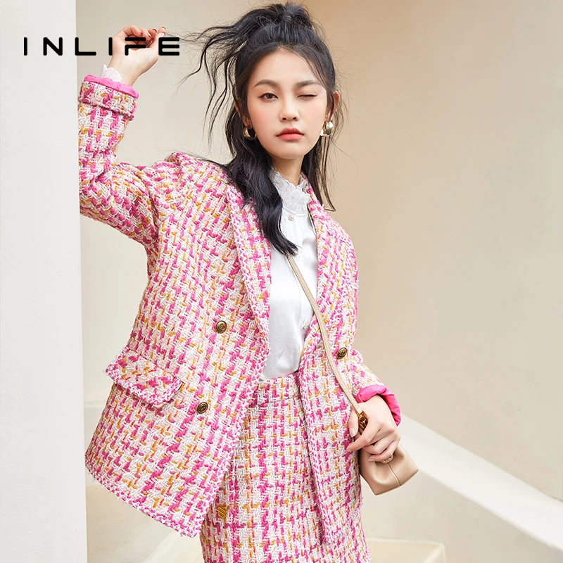 inlife设计感高级小香风西装外套新款小众气质格子上衣V22Q3W8289