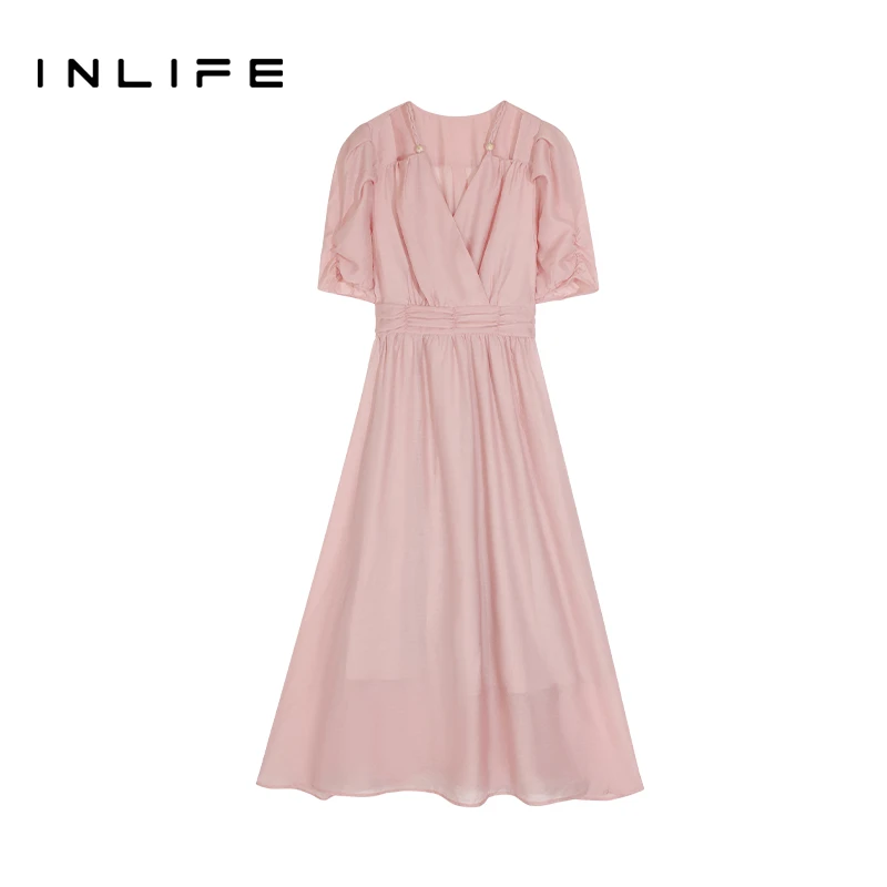 inlife法式复古v领暗纹连衣裙收腰显瘦气质温柔a字裙TOC-24X3L743