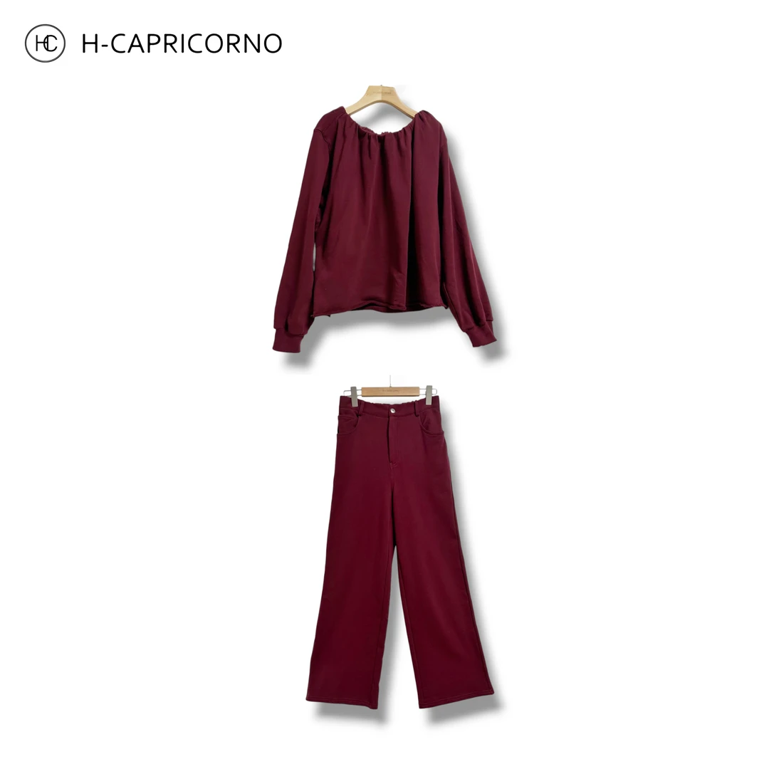 H-CAPRICORNO法式时髦一字肩上衣轻奢侈慵懒长裤两件套装