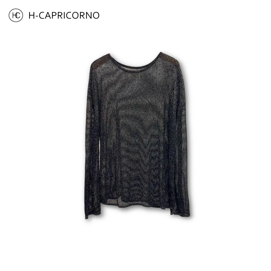 H-CAPRICORNO金缕薄衣金银丝镂空长袖宽松套头防嗮衣针织上衣