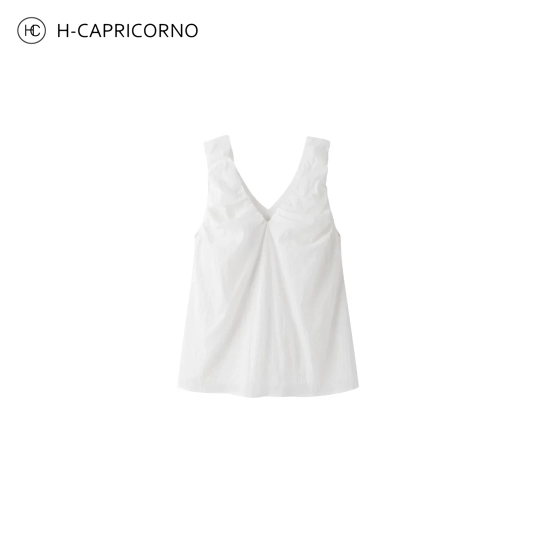 H-CAPRICORNO文艺气质显瘦泡泡肩背心纯色气质微肌理棉背心上衣