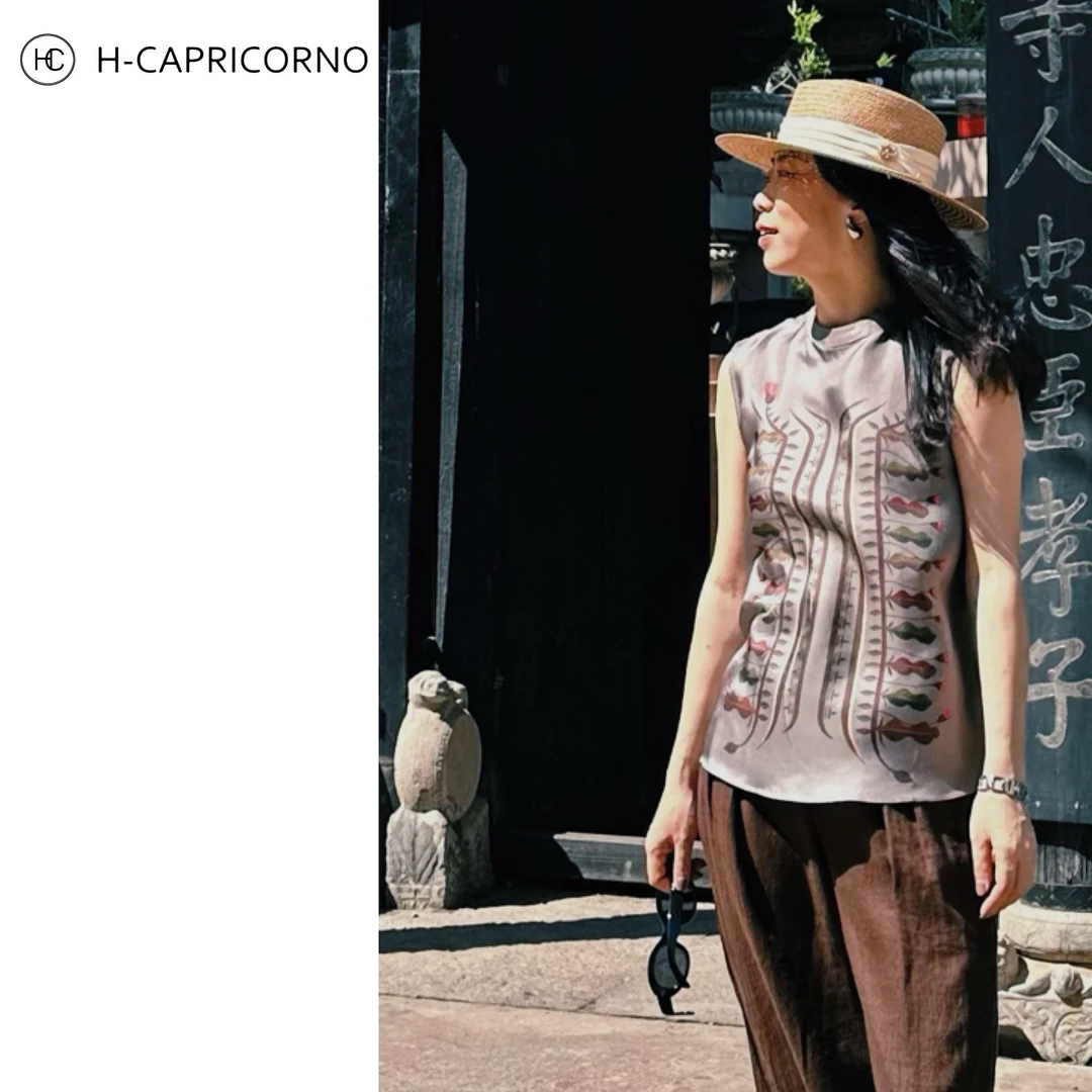 H-CAPRICORNO轻奢优雅真丝印花无袖背心上衣