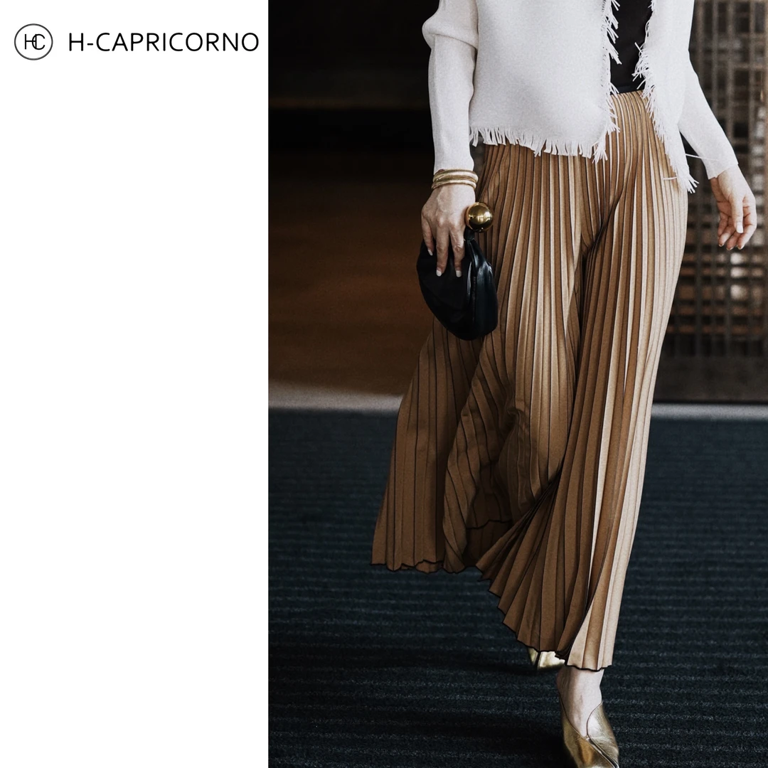 H-CAPRICORNO撞色线条勾勒百褶裙裤高腰垂感薄款阔腿裤