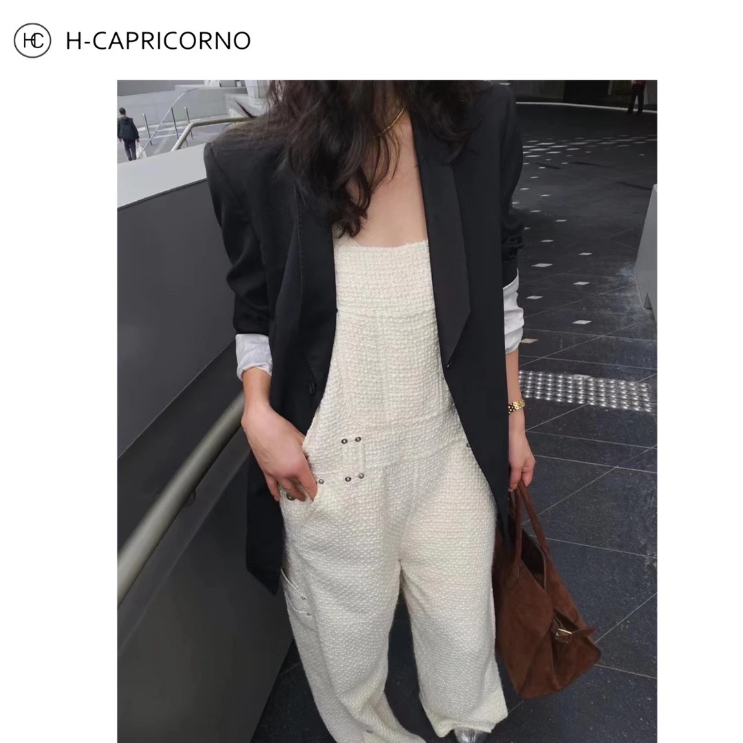 H-CAPRICORNO慵懒阔腿羊毛花纱面料背带连体裤