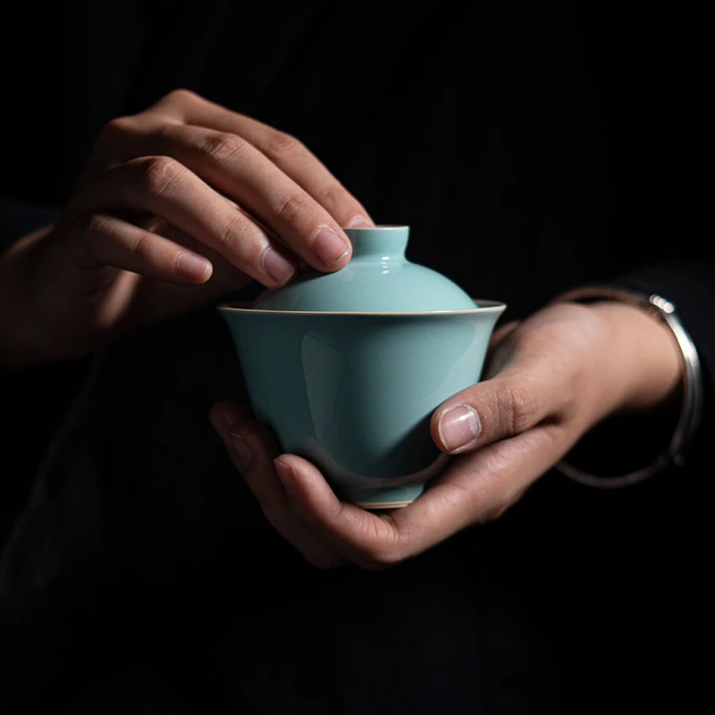 福玉龙淡青无托盖碗 功夫茶具陶瓷手抓泡茶碗 仿烫岩茶碗家用简约