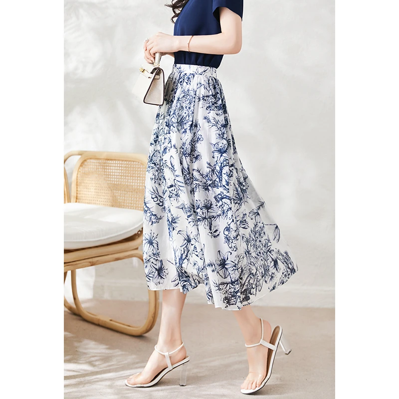 桑蚕丝+长绒绵 獨家花型印花直筒裙半身裙 复古显瘦褶皱通勤伞裙