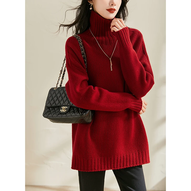 全羊毛 新年红髙领宽松保暖毛衣中长款女冬针织衫打底衫内搭