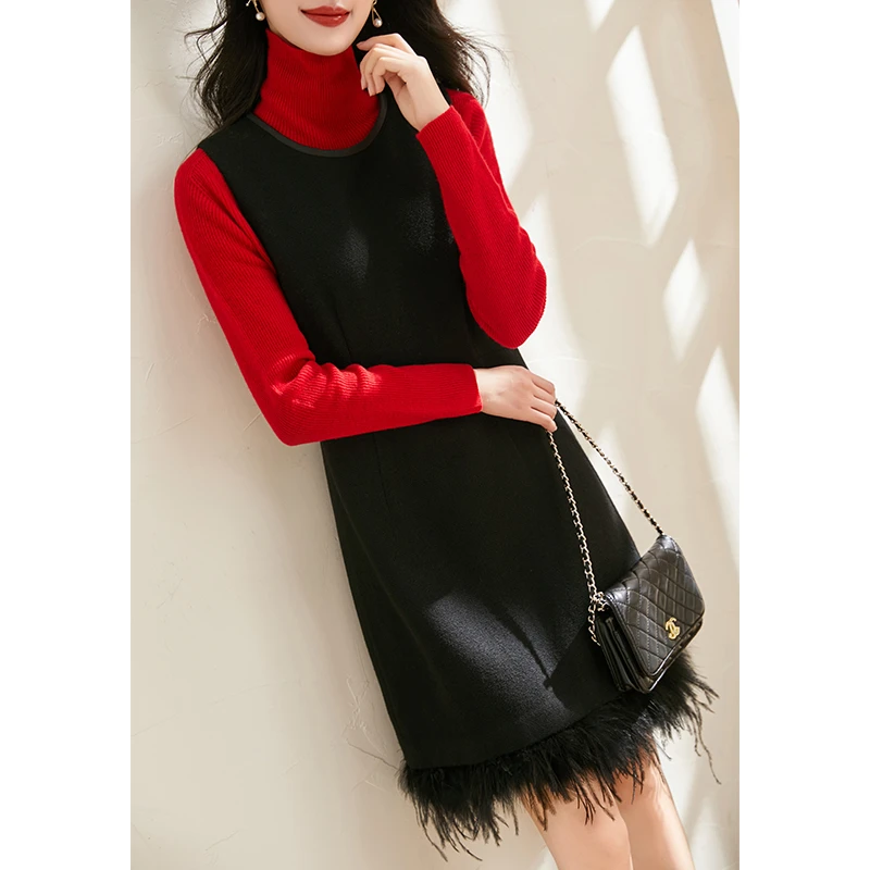 精致宴会！赫本风澳毛呢背心裙可拆卸鸵鸟毛装饰显瘦无袖连衣裙女