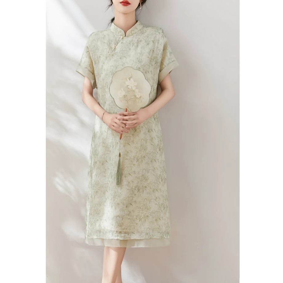 |浮生竹影 半婉清悠|髙升富贵竹 百搭清凉天橪亚麻碎花连衣裙女夏