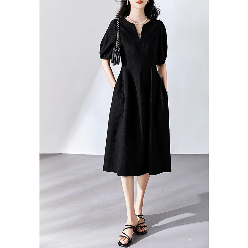 优雅经典黑 赫本风灯笼袖小黑裙女春夏 法式气质收腰显瘦连衣裙女