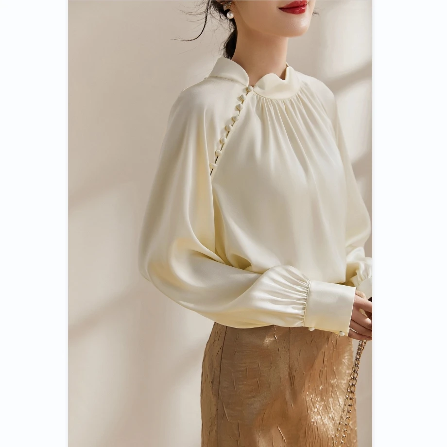 日常新中式改良版斜门襟衬衣 圆襟花瓣领气质衬衫女高级感2025秋