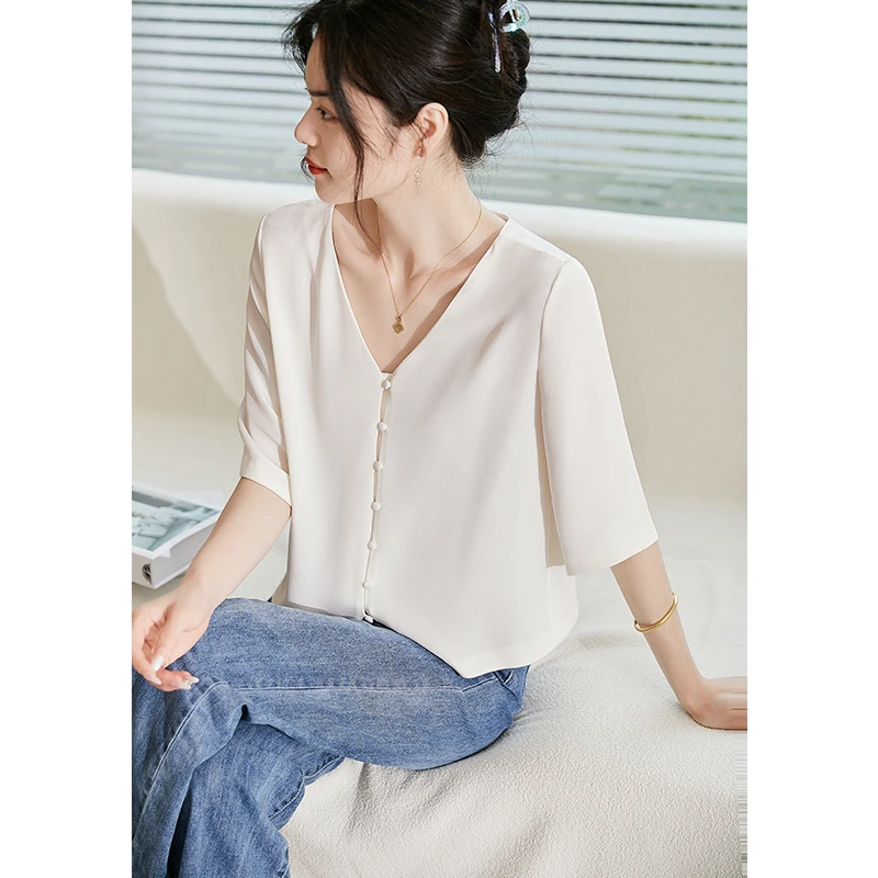 气质百搭两穿圆领/V领缎面显瘦醋酸衬衫女款外穿上衣轻奢高级感