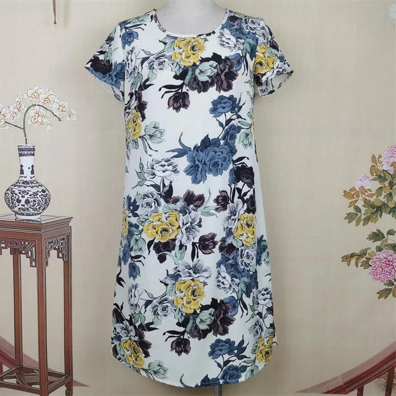 时尚休闲夏季女士印花蓝色中长款气质圆领中长裙花色碎花女款裙子