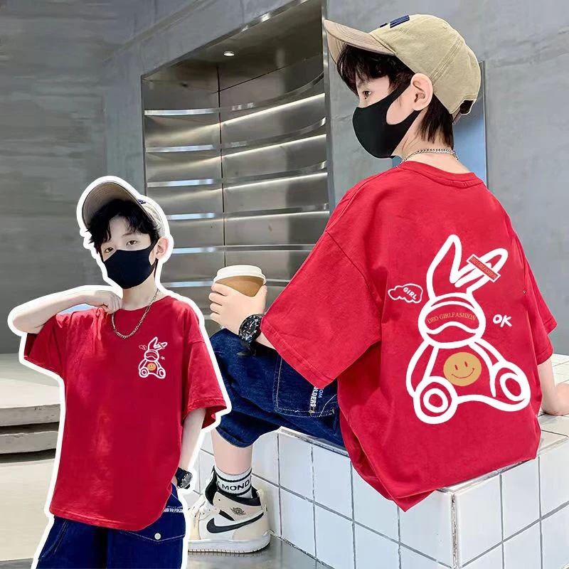 童装红色短袖男童t恤纯棉龙年半袖拜年服中大童上衣新年帅气衣服